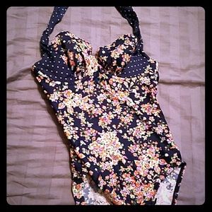 Navy floral polka dot one-piece swimsuit underwire